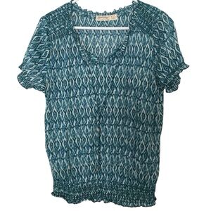 Faded Glory Geometrical Print Blouse Medium Teal Ruffle Short Sleeve Tassels